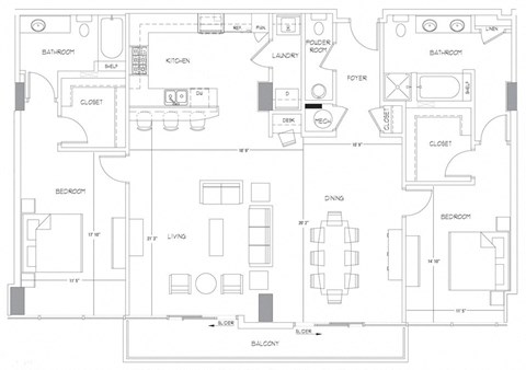 Floor plan for 2 beds, 2.5 baths, 1841 sqft